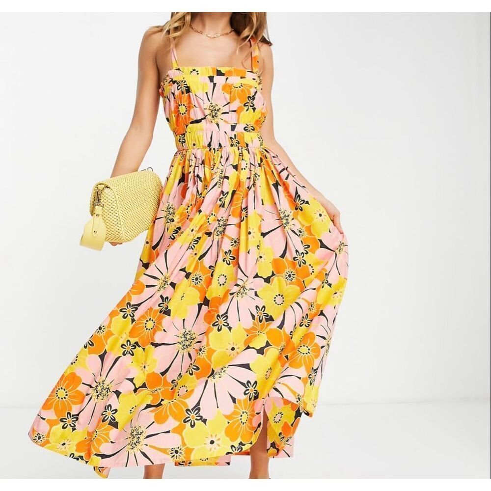 ASOS DESIGN strappy midi skater sundress in bold yellow floral size 0